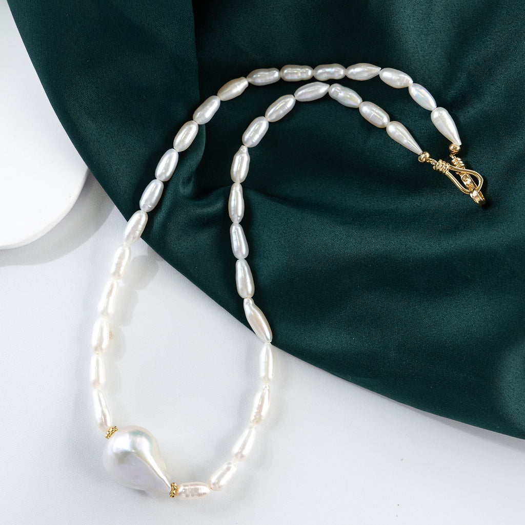 Real Natural Freshwater Pearl Necklace 14-15mm High Quality Large Size Baroque Loose Beads with 4-5mm Rice Pearl Chain for Gift