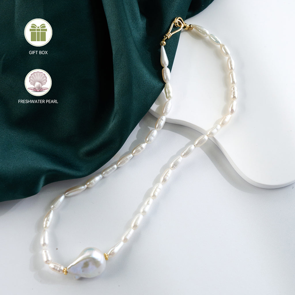 Real Natural Freshwater Pearl Necklace 14-15mm High Quality Large Size Baroque Loose Beads with 4-5mm Rice Pearl Chain for Gift
