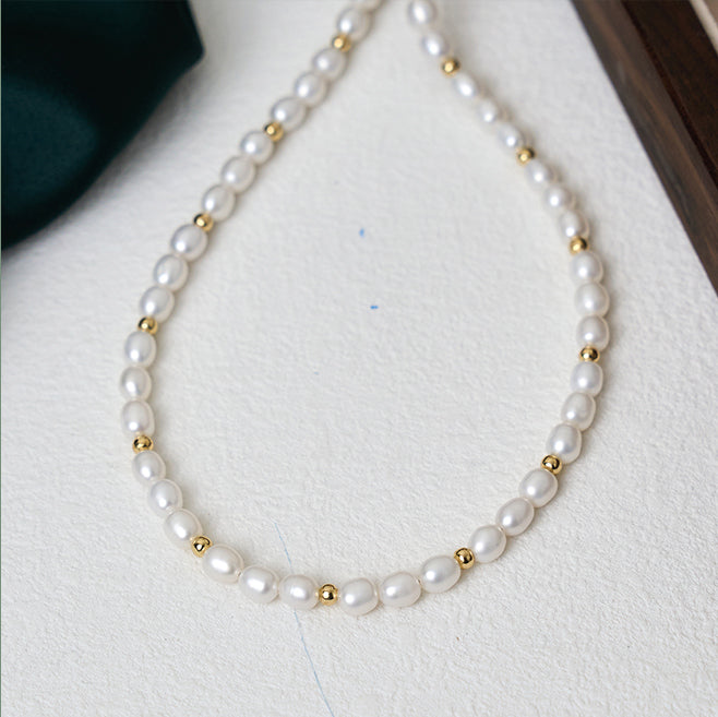 Fashion Jewelry For Women White  Freshwater Cultured Pearl With Steel Bead Stackable Rice Type Necklace