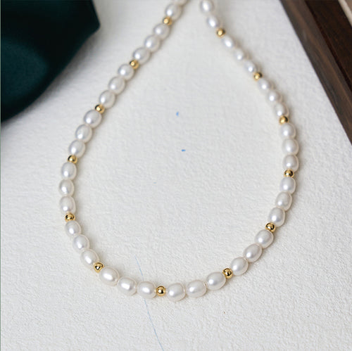 Fashion Jewelry For Women White  Freshwater Cultured Pearl With Steel Bead Stackable Rice Type Necklace