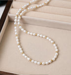 Fashion Jewelry For Women White  Freshwater Cultured Pearl With Steel Bead Stackable Rice Type Necklace