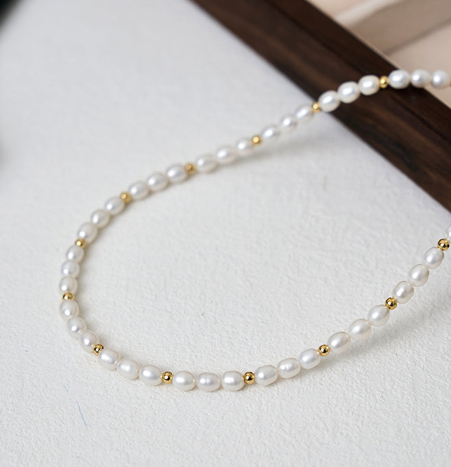 Fashion Jewelry For Women White  Freshwater Cultured Pearl With Steel Bead Stackable Rice Type Necklace