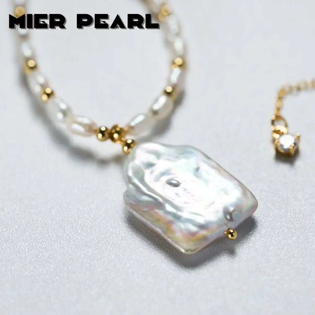 Recommend Vintage large square natural freshwater pearl necklace baroque pearl pendant for women & girl gift