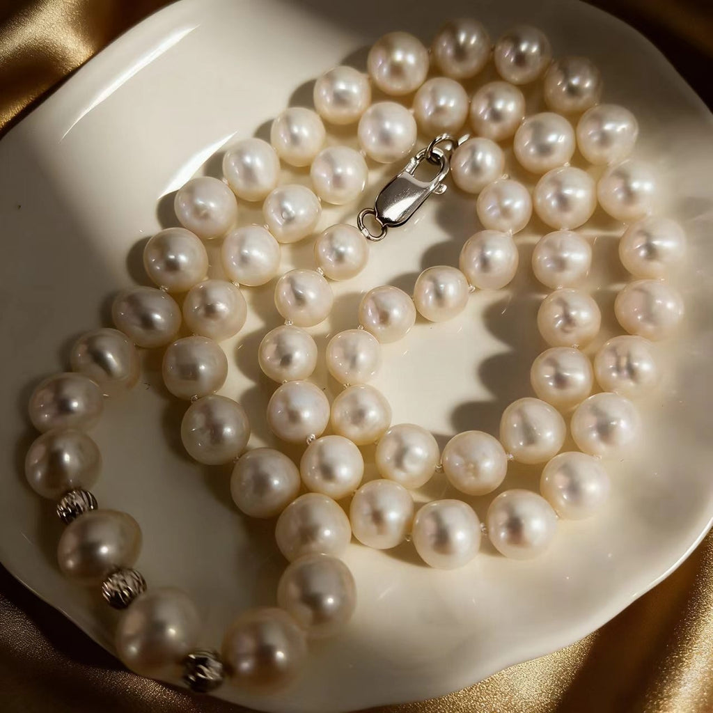 Hot selling Natural Freshwater white oval pearl S925 silver full pearl necklace, Fashionable classic pearl necklace for women