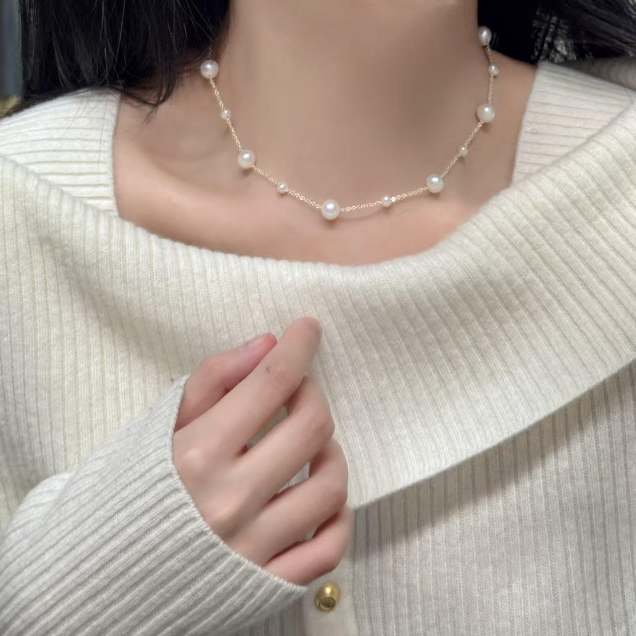 Hot selling Natural Freshwater white bead spaced starry sky necklace, Fashionable and exquisite pearl necklace for women