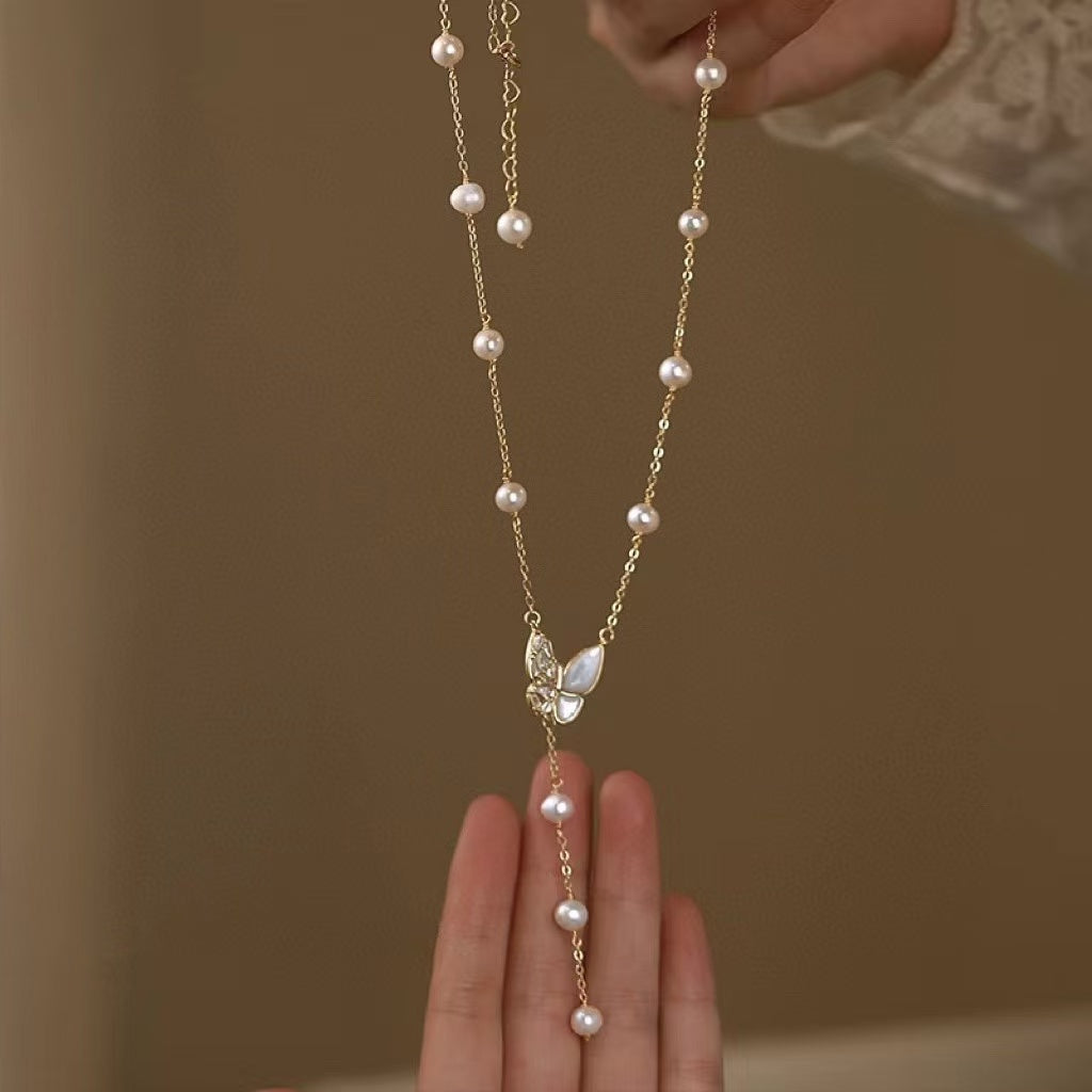 Hot selling Natural Freshwater white pearl starry butterfly necklace, Fashionable and exquisite pearl necklace for women