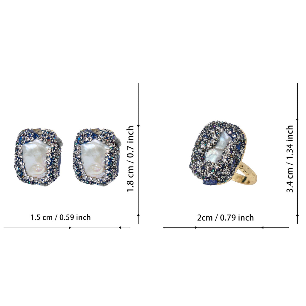 Fashionable natural freshwater white Baroque pearl gemstone earring ring set for women's jewelry