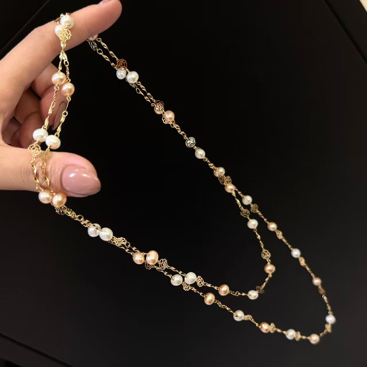 Hot selling Natural Freshwater white pink oval pearl necklace sweater chain, Fashionable handmade design pearl necklace for women